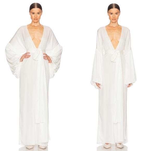 HELSA Serafina Long Sleeve Deep V Silk Draped Scarf White Maxi Dress Size Medium - Picture 4 of 13